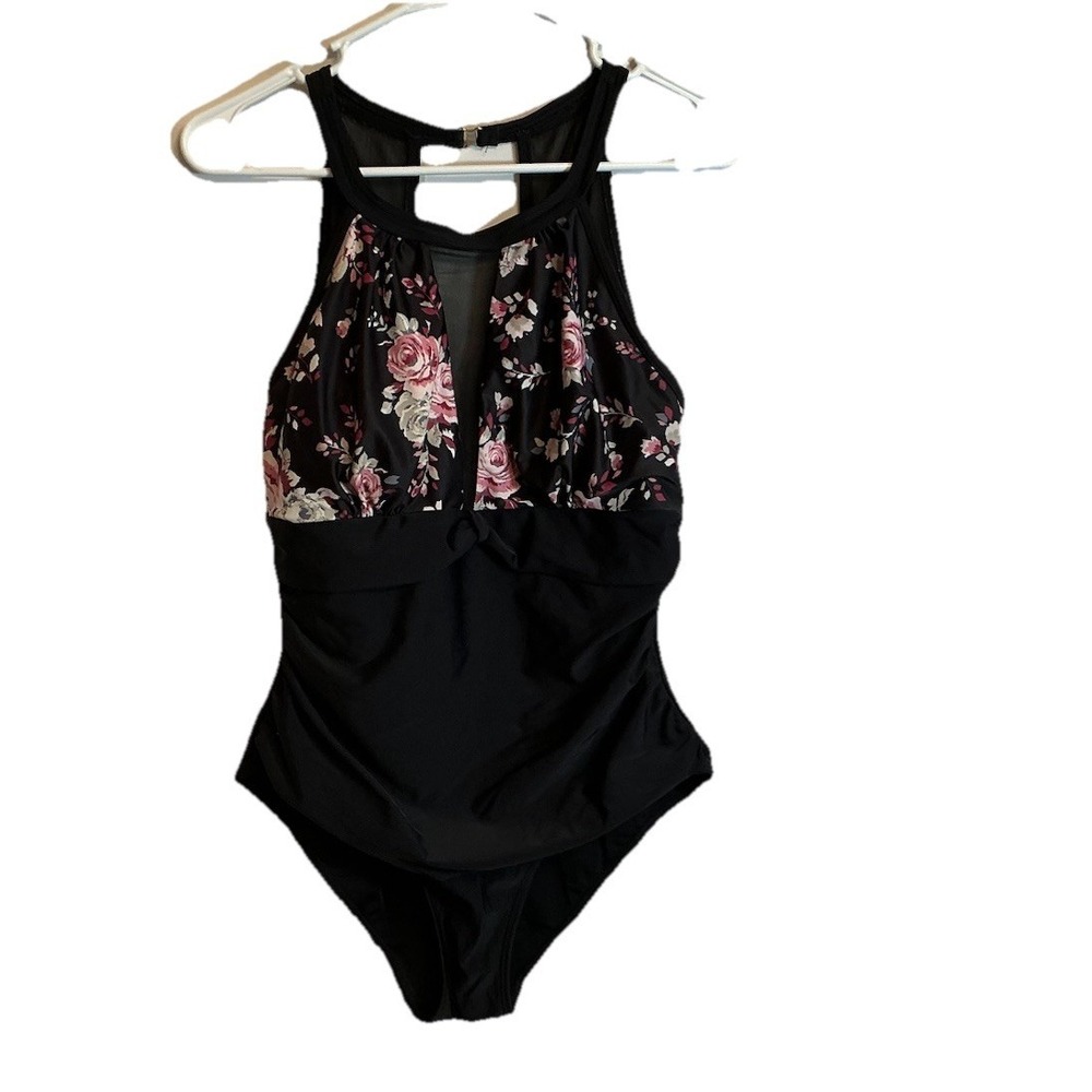 Unbranded Roses On Black One Piece Mesh‎ Cleavage Swimsuit Women's Size M